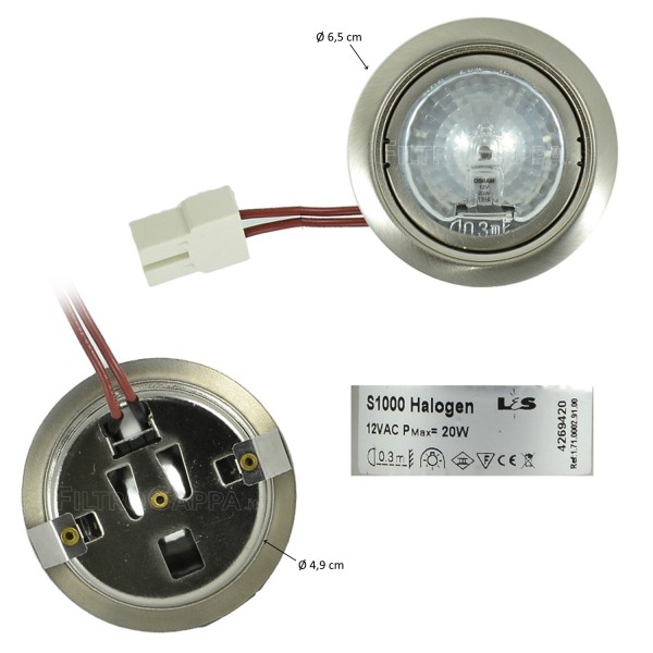 HALOGEN SPOTLIGHT BRUSHED STEEL COMPLETE FOR HOOD 20 WATT 12 VOLT FABER FRANKE SMEG 133.0017.060