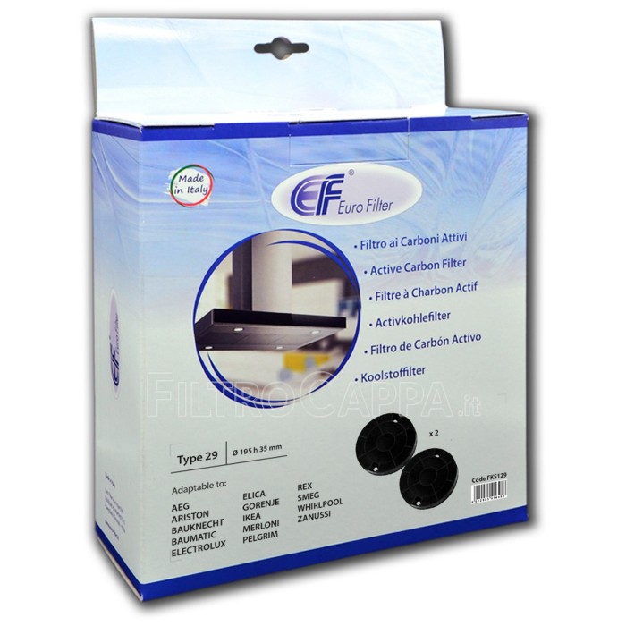 AKTIVKOHLEFILTER (2 STUCK) AEG CANDY ELECTROLUX ELICA GORENJE HOOVER IKEA SMEG WHIRLPOOL DURCHMESSER 19 CM mod.29 FKS129