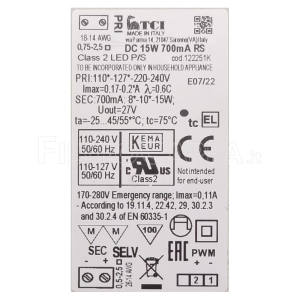 ALIMENTATION POUR SPOTS LED 700 mA 15 W 27 V max 133.0171.826 ALIMENTATION POUR SPOTS LED 700 mA 15 W 27 V max 133.0171.826
