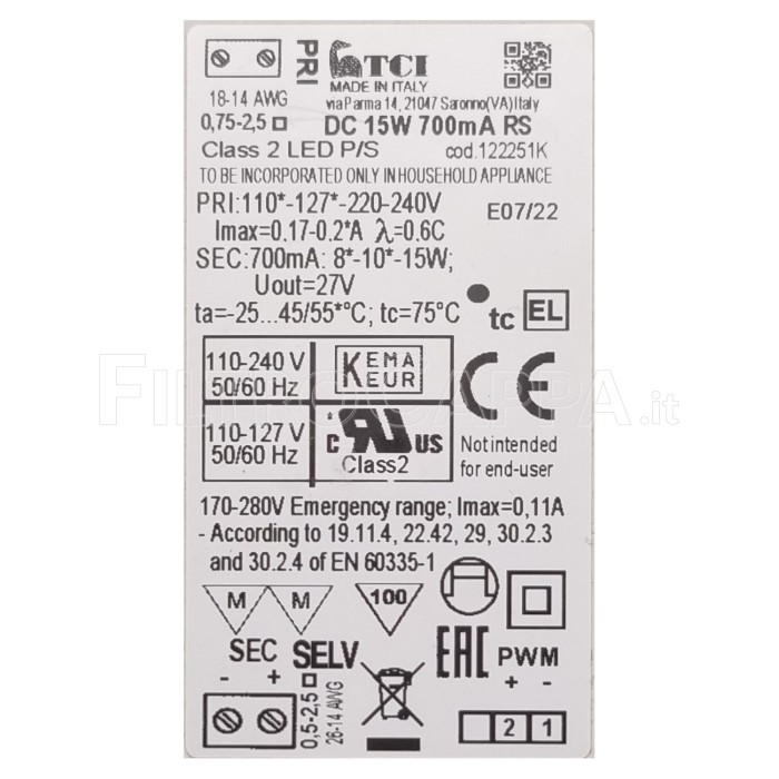 POWER SUPPLY FOR LED SPOTLIGHTS 700 mA 15 W 27 V max 133.0171.826