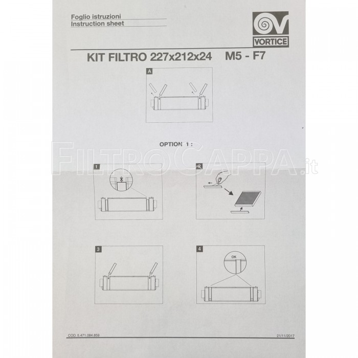 Filter M5 227x212x24 for Vortice Vort Hri 200 Phantom VMC 11290 21431