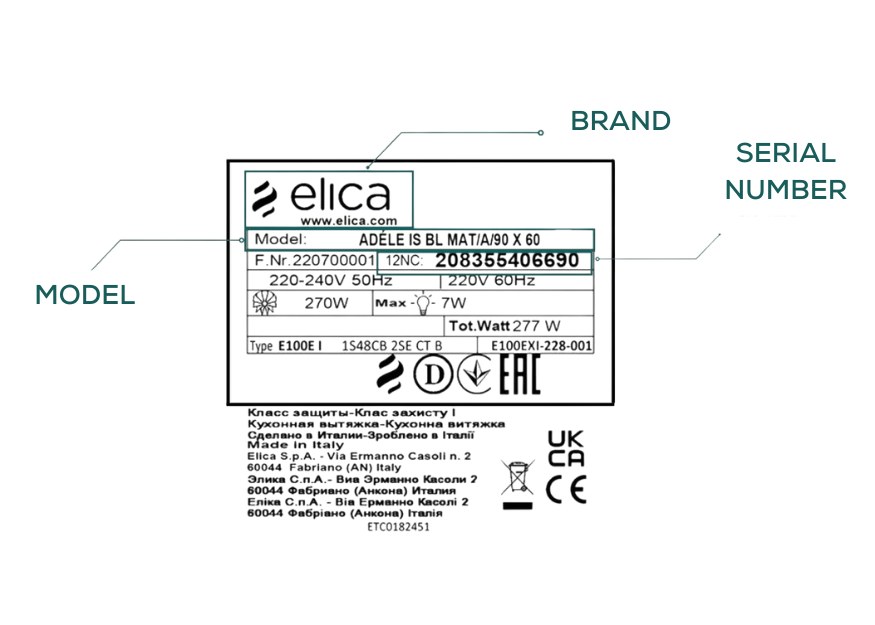 Elica hood model on label