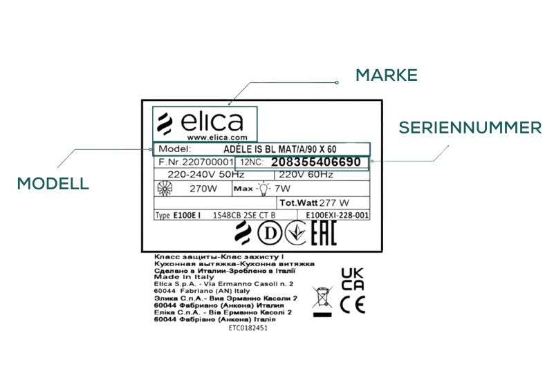 Elica-Modell auf dem Etikett der Haube