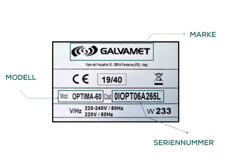 Galvamet-Modell auf dem Etikett der Haube